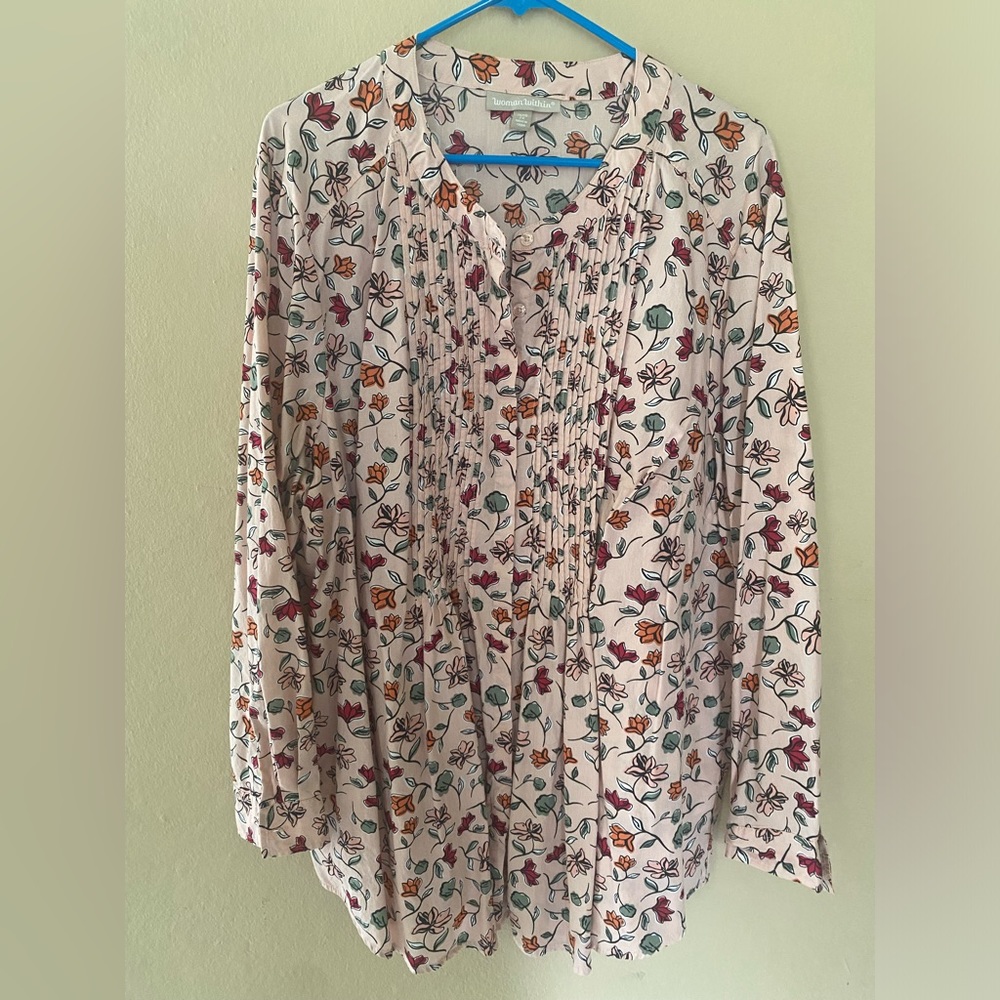 Woman Within | Pink Floral Pin Tucked Shirt